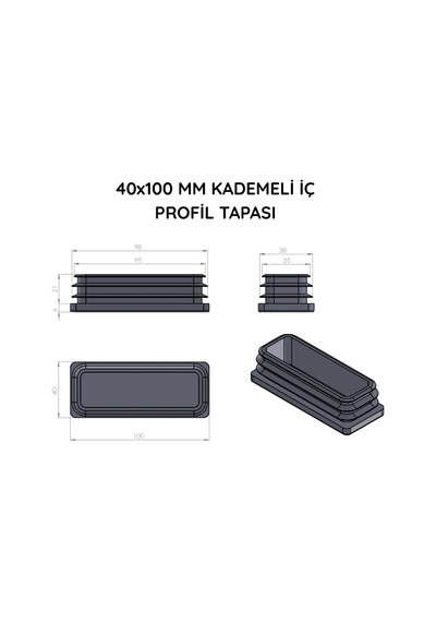Cateksss 40x100 Mm Profil İçin Kademeli İçe Geçme Profil Tapası, Profil Kapak, Profil Tapa Siyah - 40 Lı Paket