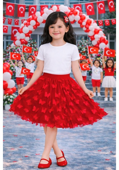 Her Şey Nota Kız Çocuk Kırmızı Kelebek Detaylı Tül Etek Okul Ve Bayram Etkinlik 5-13 Yaş