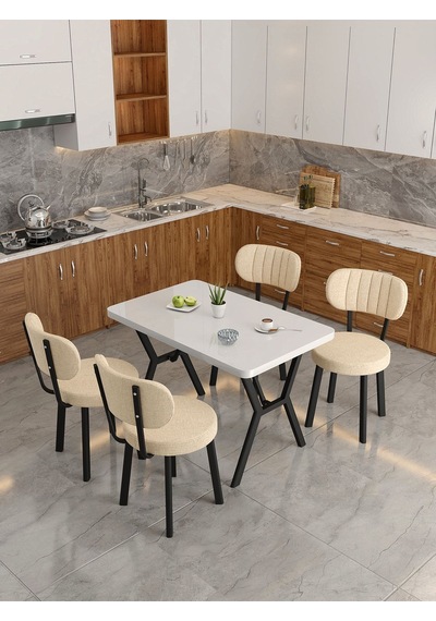 Azra 70x110cm Beyaz Mutfak Masası, Mutfak Masası Takımı, Yemek Masası, 4 Krem Sandalye Krem