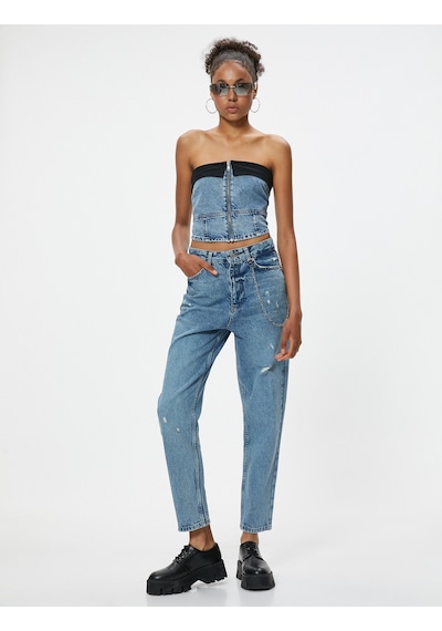 Koton Yırtık Kot Pantolon Standart Bel Zincir Detaylı Cepli Pamuklu - Mom Jean Açık İndigo 4sal40434md Açık İndigo Koton Yırtık Kot Pantolon Standart Bel Zincir Detaylı Cepli Pamuklu - Mom Jean Açık İndigo 4sal40434md Açık İndigo