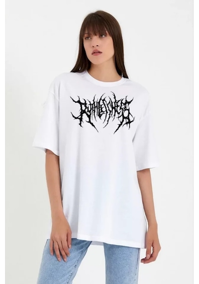 Modi Unisex Bisiklet Yaka Baskılı Oversize T-shirt - Beyaz - Mymg104407
