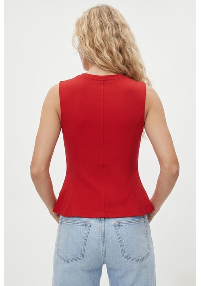 Ritnice Kadın Rowe %100 Pamuk Peplum Sıfır Kol Kırmızı Bluz