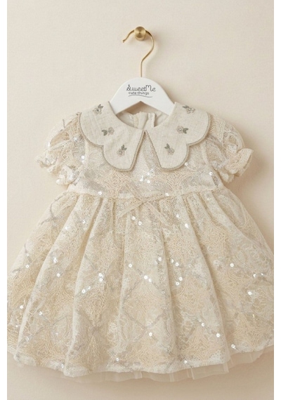 Cantoy Bebek Krem Payet İşlemeli Bebe Yaka Dantelli Prenses Elbise Organik