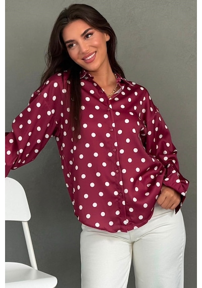 Madmext Bordo Puantiyeli Saten Kadın Gömlek Mg2869