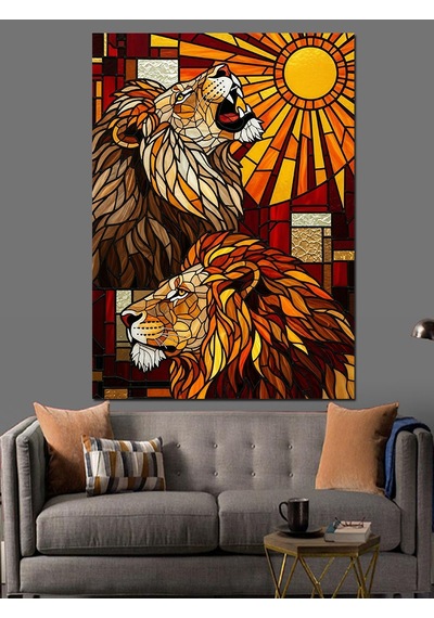 Ahşap Tablo Vitray Tarzı Aslan Portresi Dekoratif Tablolar