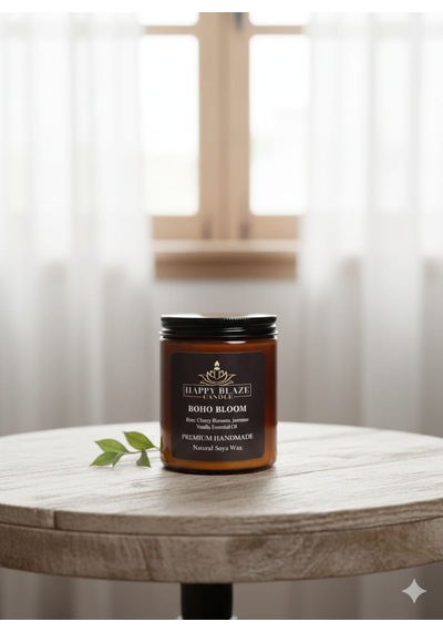 Boho Bloom Gül & Yasemin Kokulu El Yapımı Soya Mumu Happy Blaze Candle Amber
