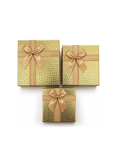 3pcs Kare Parlak Mix Renkli - Kabartma Desen Karton Hediye Kutusu Kurdelalı 19-17-15cm Diğer