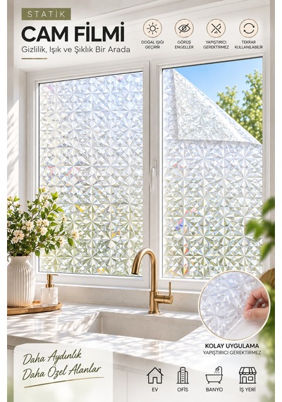 Deconitte Statik Cam Filmi 60x100cm 3d Diamond Elmas Desen Yapışkansız Dekoratif Pencere Kaplama Filmi, Kumlama