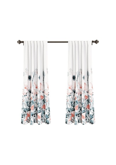 Zuri Flora Oda Karartma Pencere Perdesi Panel Çifti, 160 Cm Uzunluk X 132 Cm Genişlik, Mavi Ve Mercan