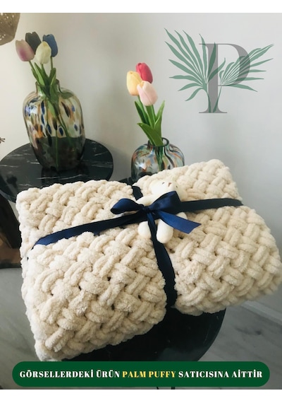 Palm Puffy Hasır Örgülü Bej Bebek Battaniyesi Bej