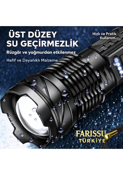 2500 Lümen Şarjlı Taktik Led El Feneri 7 Modlu, Zoom Özellikli, Cob Yan Işıklı + Özel Kılıf Hediyeli Siyah