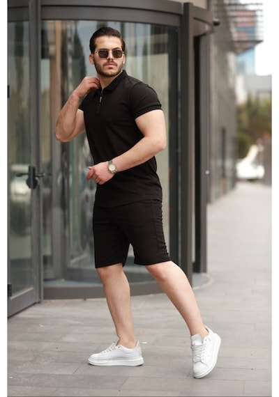 Butik İstanbul Erkek Yakalı Fermuarlı T-shirt Şort Ikili Takım Siyah