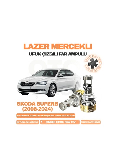 Skoda Superb 2008 - 2024 Kısa Far Uyumlu Mercek Led Ufuk Çizgili Far Ampulü Led Şimşek Etkili