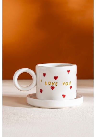 Rivaistanbul I Love You Amore El Yapımı Seramik Double Kahve Fincanı Mug Kupa Krem