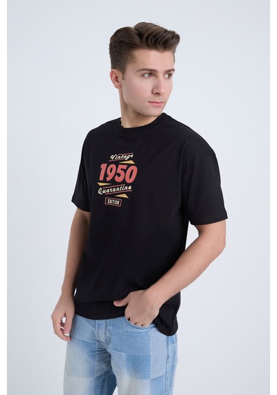 Erkek Oversize Baskılı T-shirt Siyah Vintage 1950 Siyah