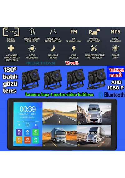 Dokunmatik Usb Mp5 Fm Dvr Ekran Ve 4 Ad Ahd180 Derece Kamera Seti