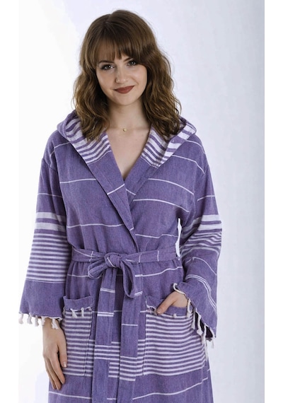 Kapüşonlu Kadın / Erkek Peştemal Bornoz Soft %100 Pamuklu Natural Mor