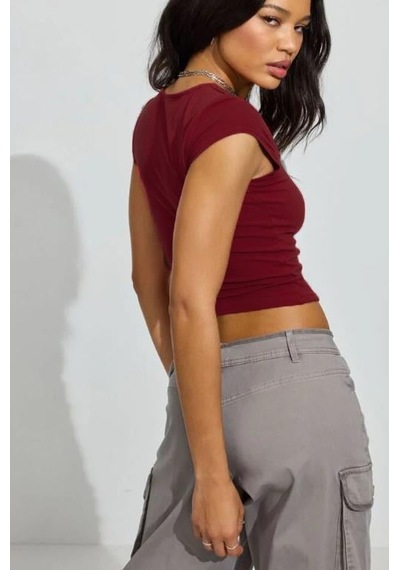 Bordo Kare Yaka Kadın Tişört Mg2294 Bordo