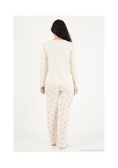 Lela Desenli Yumuşak Dokulu Uzun Kollu Pijama Takımı Kadın Pijama Takımı 6575020 Krem