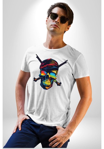 Korsan Kurukafa Unisex Unisex Beyaz Organik Baskılı T-shirt Penye Yüksek Kalite Beyaz