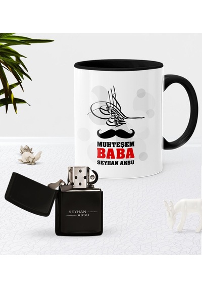 Kişiye Özel Muhteşem Baba Siyah Kupa Bardak Benzinli Metal Çakmak