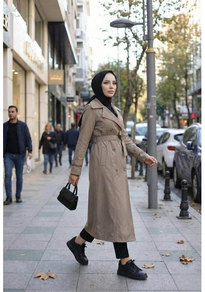 Hb Harma Time Butik Kadın İçi Astarlı Kuşaklı Düğmeli Bej Bondit Trençkot