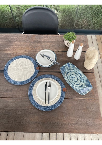 2 Kişilik Yuvarlak Amerikan Servis Leke Tutmaz - Supla Mavi/beyaz 33x33 Cm Beyaz/mavi