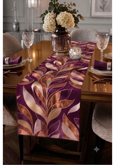 Premium Masa Runner Dijital Baskılı Yaprak Desenli Dekoratif Salon Mutfak Yemek Masası Runner Örtüsü 45x140 Cm Mor