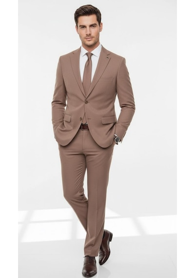 Erkek Slim Fit Mikro Desenli Takım Elbise 2 Düğmeli Çift Yırtmaçlı Modern Ceket Pantolon Takım Vizon
