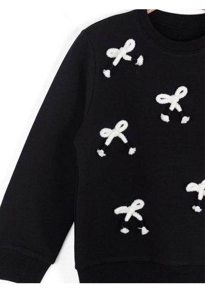 Kız Çocuk Fiyonk İşlemeli Sweatshirt-16134 Siyah