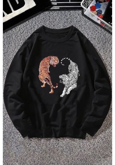 Unisex Tiger Bisiklet Yaka Sweatshirt Siyah