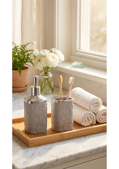 Makri Home 5 Parça Banyo Seti, Kalp Desenli, Gri Silver, Kare, Click Kapaklı, Hacim: 8 Litre Gri