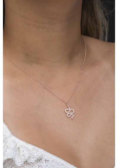 925 Ayar Gümüş Rose Zirkon Taşlı Minik Yılan Modeli Kolye Rose Gold