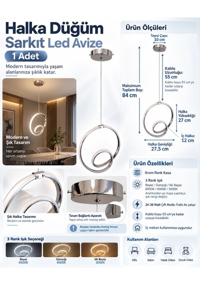 Dmr Halka Düğüm Sarkıt Led Avize Krom Kasa 30w 220 Volt Üç Renk 6500k/4000k/3000k Beyaz /ılık Beyaz Çok Renkli