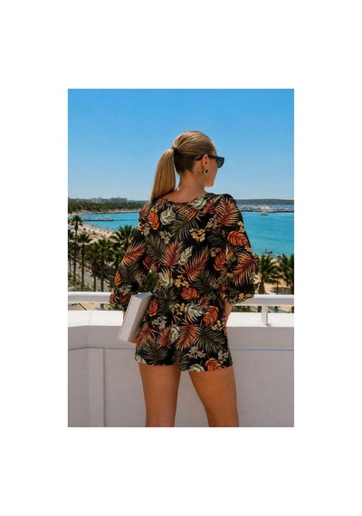 DefyModa Kadın Trend Model V Yaka Kuşaklı Balon Kollu Spor Alt-üst Takım Turuncu