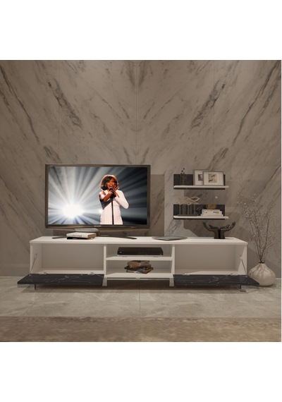 Decoraktiv Eko 4 Mdf Dvd Krom Ayaklı Tv Ünitesi Tv Sehpası Beyaz - Siyah Mermer
