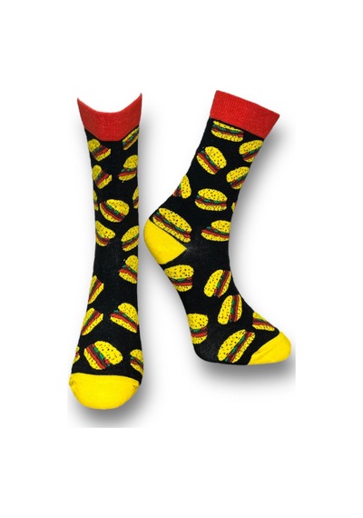 Me-vo Tekli Siyah Renkli Unisex Esnek Nem Alabilen Pamuklu Hamburger Desenli Soket Çorap Siyah