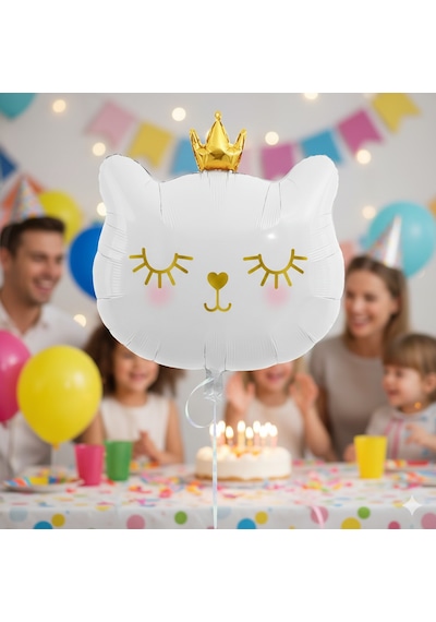 30 İnç Beyaz Kedi Kafası Taçlı Folyo Balon - Doğum Günü Parti Dekorasyon Balonu Çok Renkli
