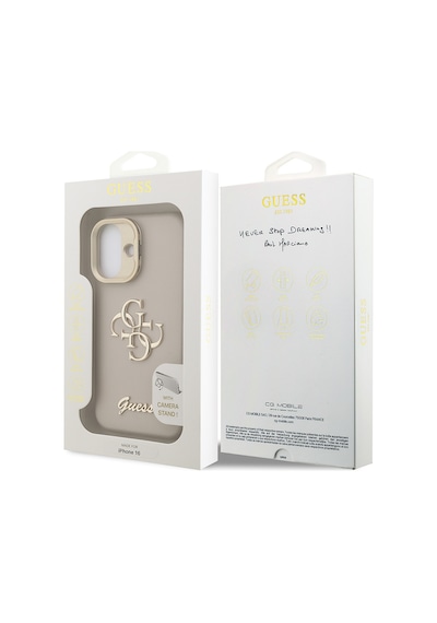 Apple iPhone 16 Uyumlu Kılıf Guess  Lisanslı Grained Yazı Logolu Kamera Standlı Kapak Bej