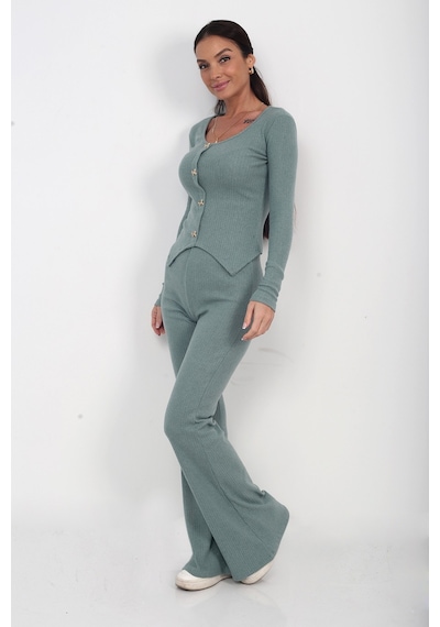 By Saygı Kadın Gold Düğmeli Uzun Kollu Bluz Beli Lastikli İspanyol Paça Pantolon 2'li Takım Mint By Saygı Kadın Gold Düğmeli Uzun Kollu Bluz Beli Lastikli İspanyol Paça Pantolon 2'li Takım Mint