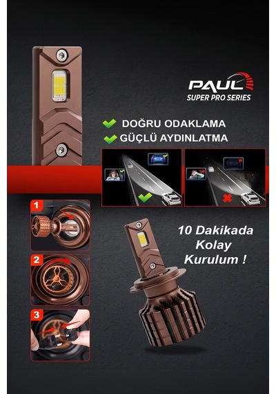 Paul Süper Pro H7 24.000 Lümen Güç Şimşek Etkili Odaklı Ufuk Çizgili Csp Led