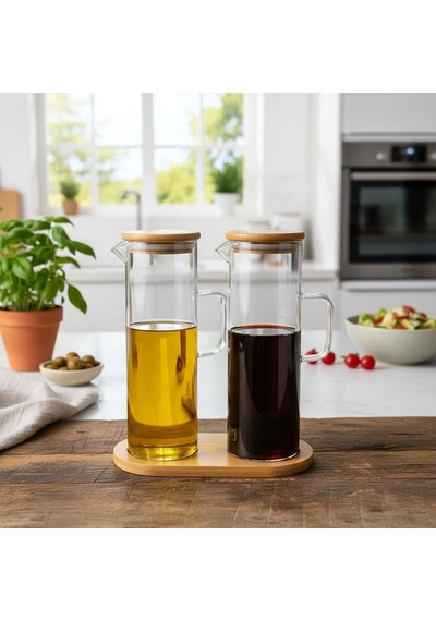 Deconox 2'li Şeffaf Cam Yağdanlık Ve Sirkelik Seti - Bambu Kapaklı Ve Özel Standlı Masaüstü Yağlık 190 Ml Diğer