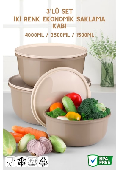 Ayza Model 3 Lü Yuvarlak Saklama Kabı Seti 1.5 Lt + 2.5 Lt + 4 Lt Kahverengi