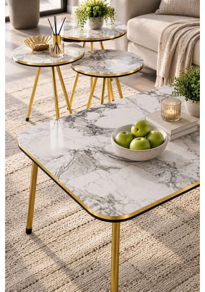 Sulorahome Beyaz Mermer Desenli Ve Gold Metal Ayaklı 4'lü Sehpa Seti