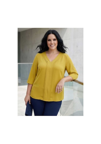 Hanezza Büyük Beden Şık V Yaka Nervur Detaylı Jessica Krep Bluz Olive - 4035099 Olive