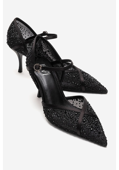 Luvishoes Rachel Siyah Saten Taş Detaylı Fileli Kadın İnce Topuklu Abiye Ayakkabı