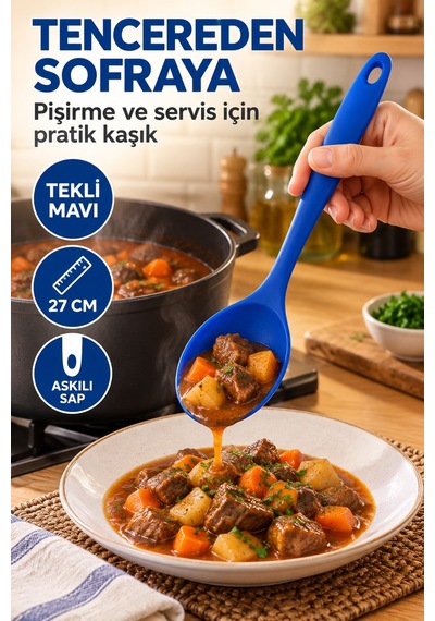 Tekli Mavi Büyük Boy Silikon Kaşık 27 Cm Mutfak Yemek Pişirme Ve Servis Kaşığı Sunum Ve Pişirme İçin