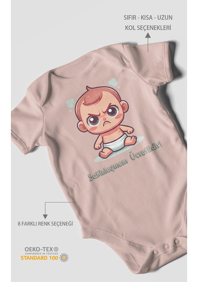 Sakinleşmem Ücretlidir Baskılı Bebek Zıbını Çıtçıtlı Body %100 Pamuk Kısa Kol Pastel Pembe