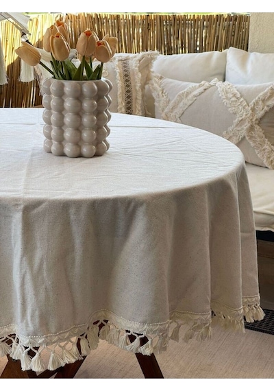 Dnc Home Tekstil  Yuvarlak Ham Keten Krem Ponponlu Masa Örtüsü 001