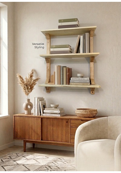 Modern 3 Katlı Ahşap Duvar Rafı Dekoratif Masif Ahşap Kitaplık Ve Duvar Rafı Bej